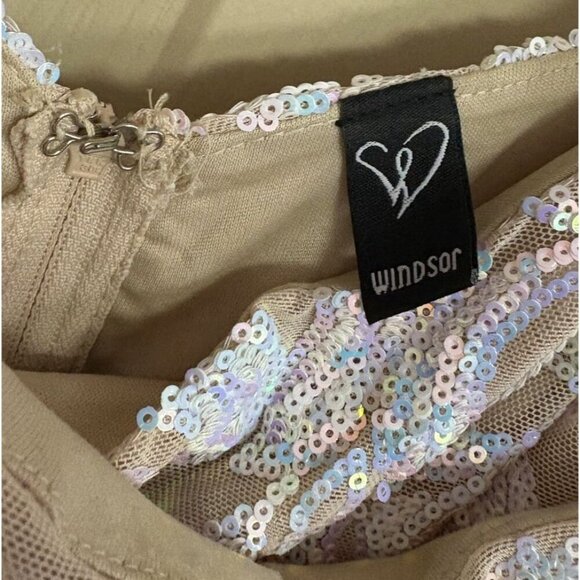Windsor Dress XS Sequin Bodycon Rusched Side Iridescent Pink Blue Nude - Picture 3 of 9